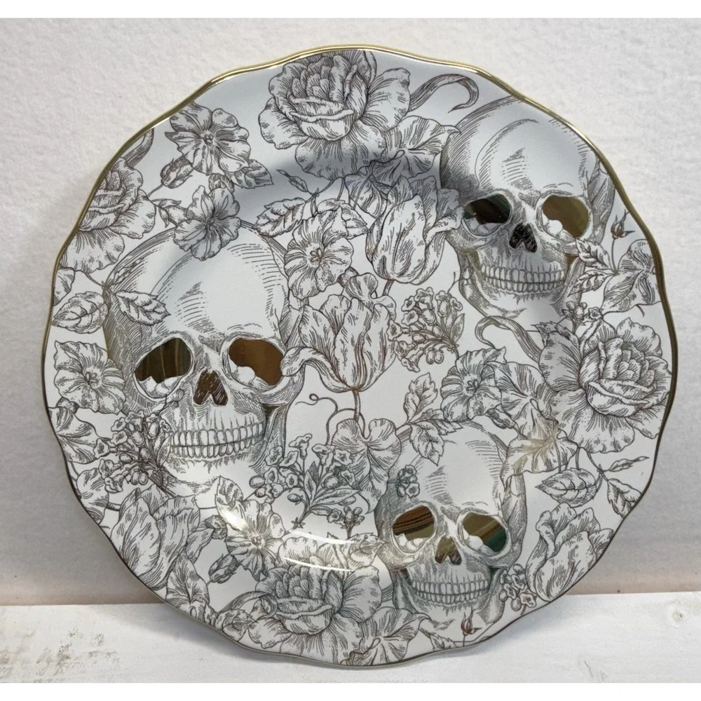 222 Fifth Salem E-Gold Skull Halloween Dinner Plates Set of 4 11in New